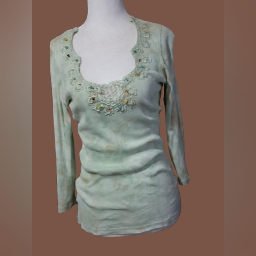 Vtg Embroidered Long Sleeve, Beaded Neckline, 100% Cotton, Light Tydie Soft, Xl